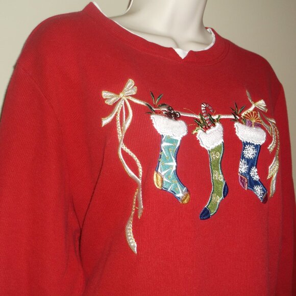 Vintage WHITE STAG embroidered Christmas Sweat Shirt STOCKINGS Women's Size XL - Picture 3 of 9